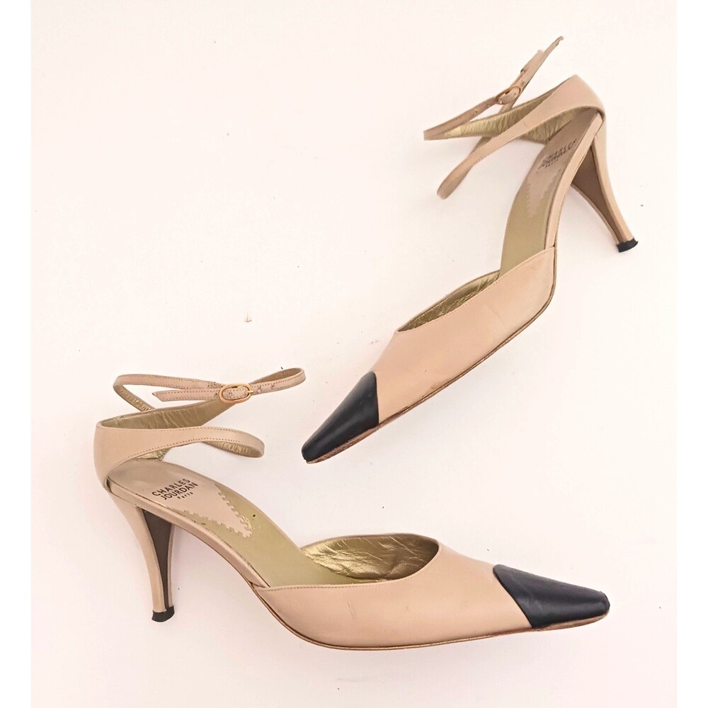 Charles Jourdan Paris Taupe Blk Leather Cap Toe Pump Ankle Strap 8.5M